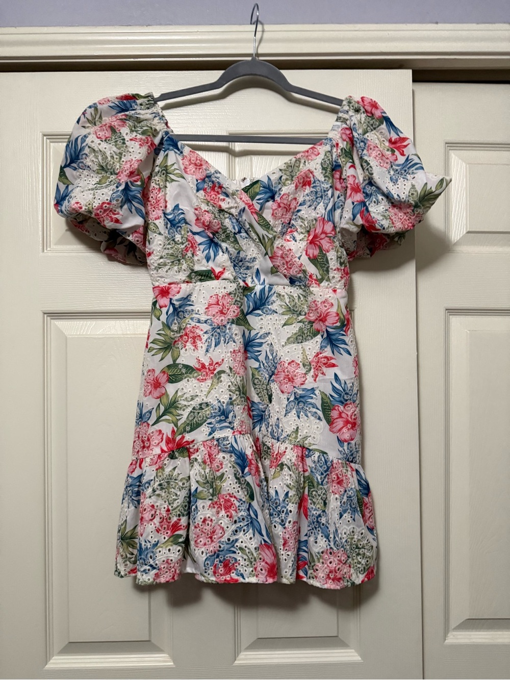 Adelyn Rae Floral Puff Sleeve Mini Dress - White with Pink & Blue Flowers